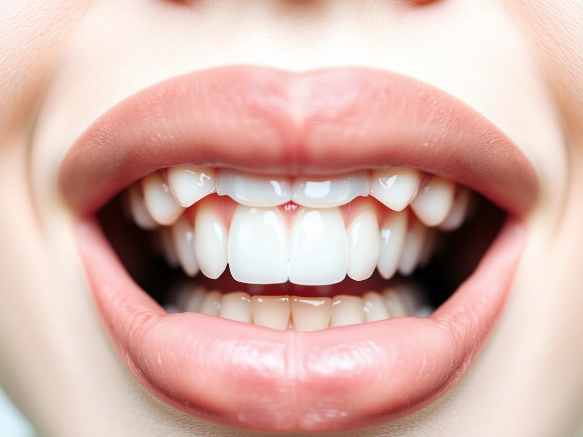 Close-up of restored white front teeth after treatment