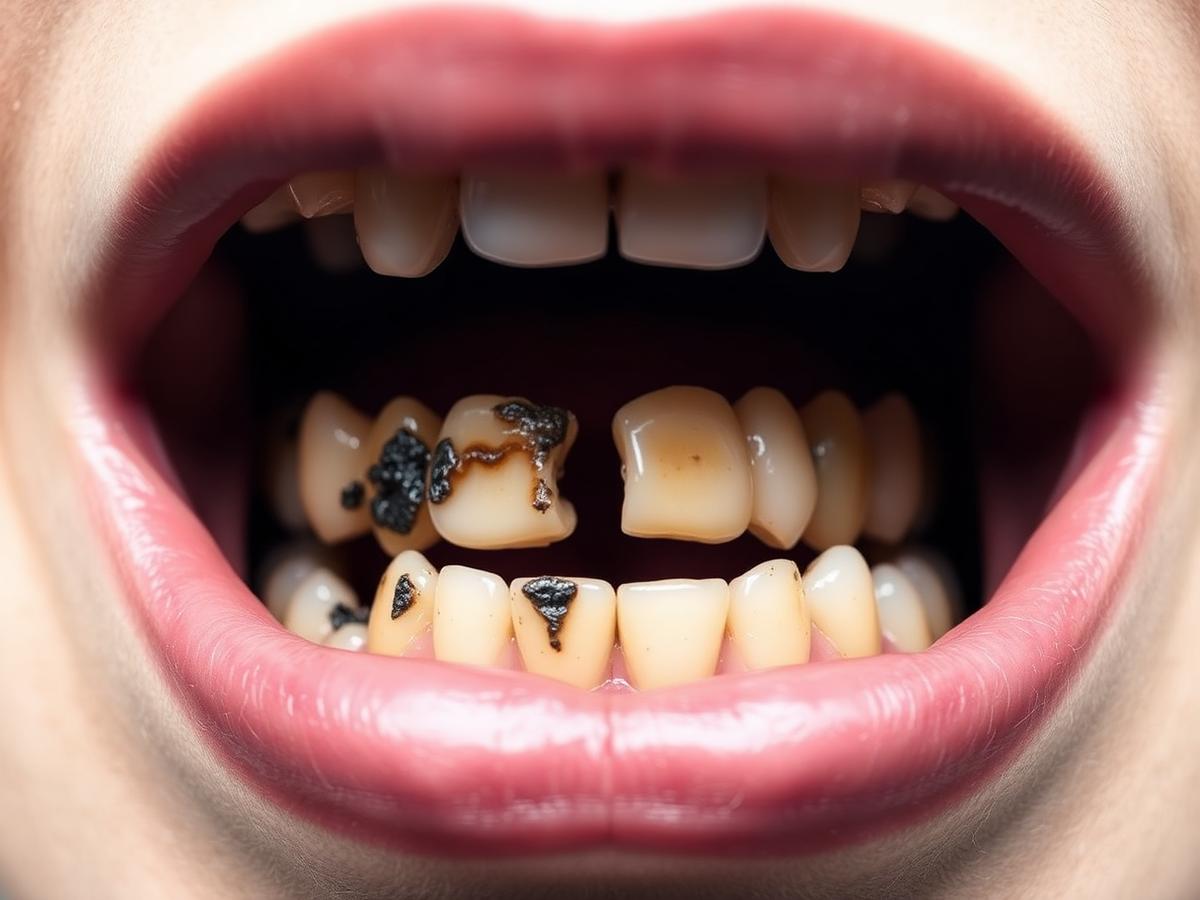 Close-up of damaged and decayed teeth before treatment