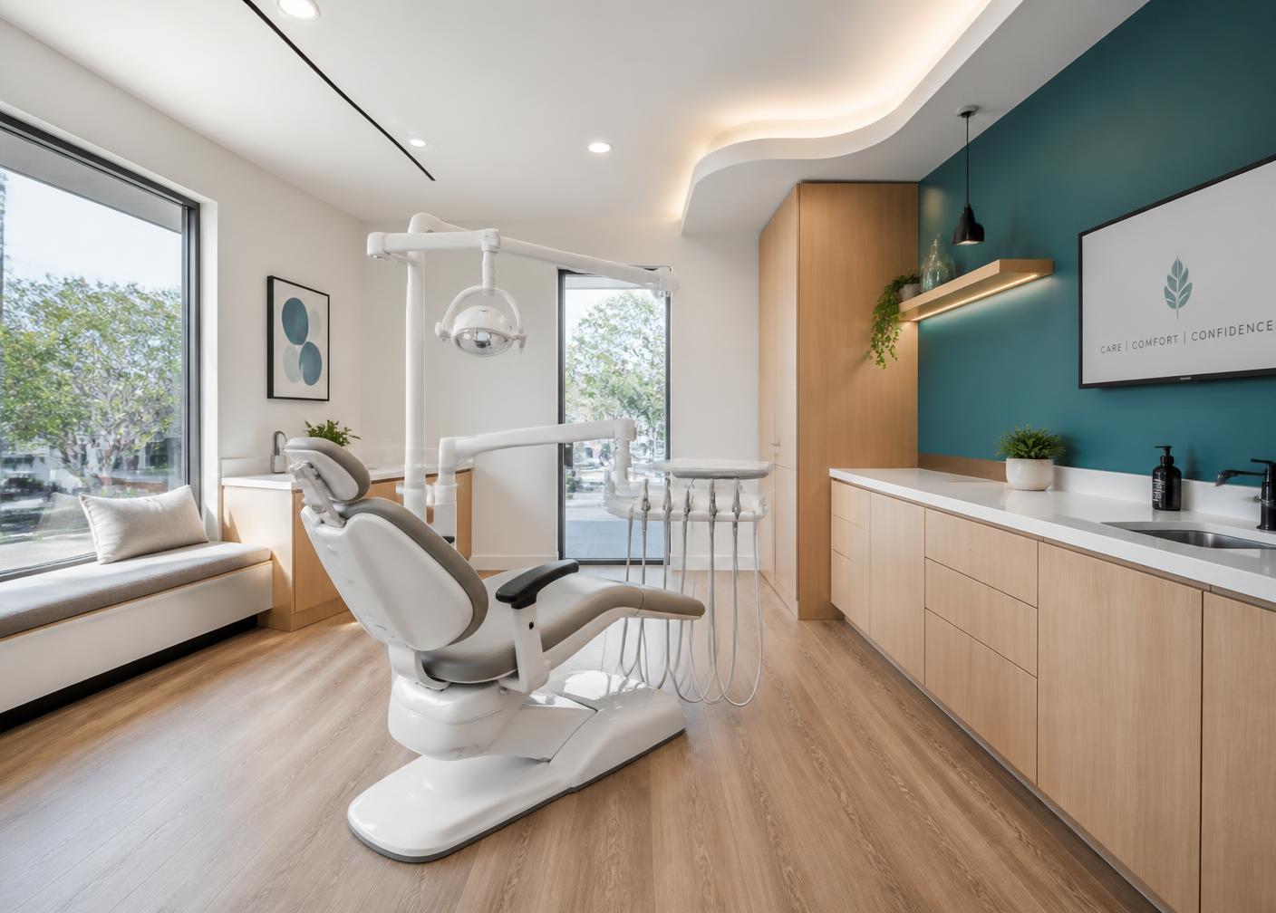 Modern dental treatment room with teal accent wall