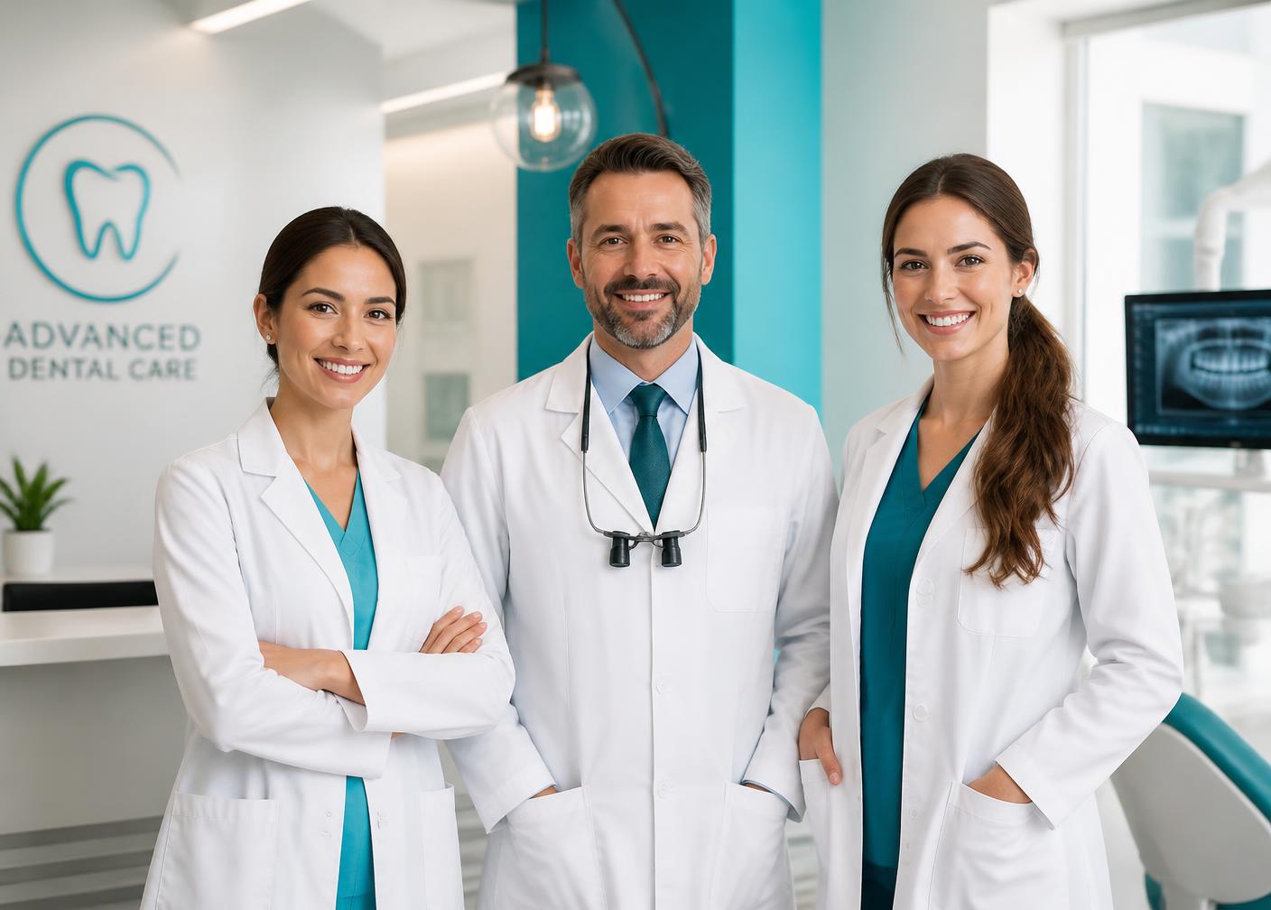 Three dental professionals in white coats